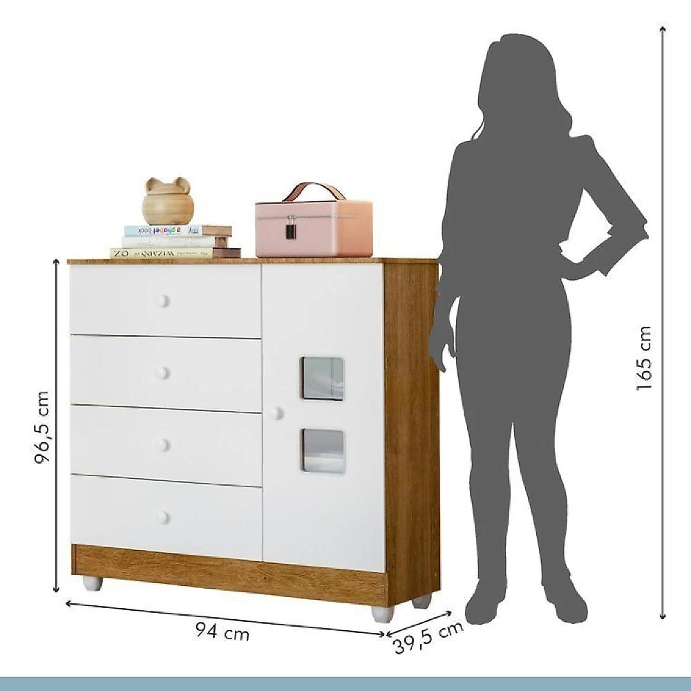 Quarto de Bebê com Berço Mini Cama, Cômoda 1 Porta 4 Gavetas e Roupeiro 100% Mdf 3 Portas 2 Gavetas Branco/Madeirado Ypê