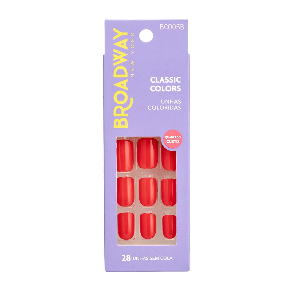 Unhas Postiças Broadway New York Classic Colors Quadrado Curto Vermelho 28 Unidades