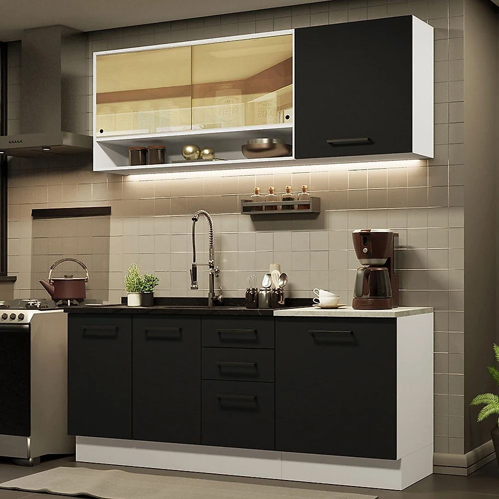 Cozinha compacta madesa agata 180002 com armário e balcão (sem tampo e pia) - branco/preto