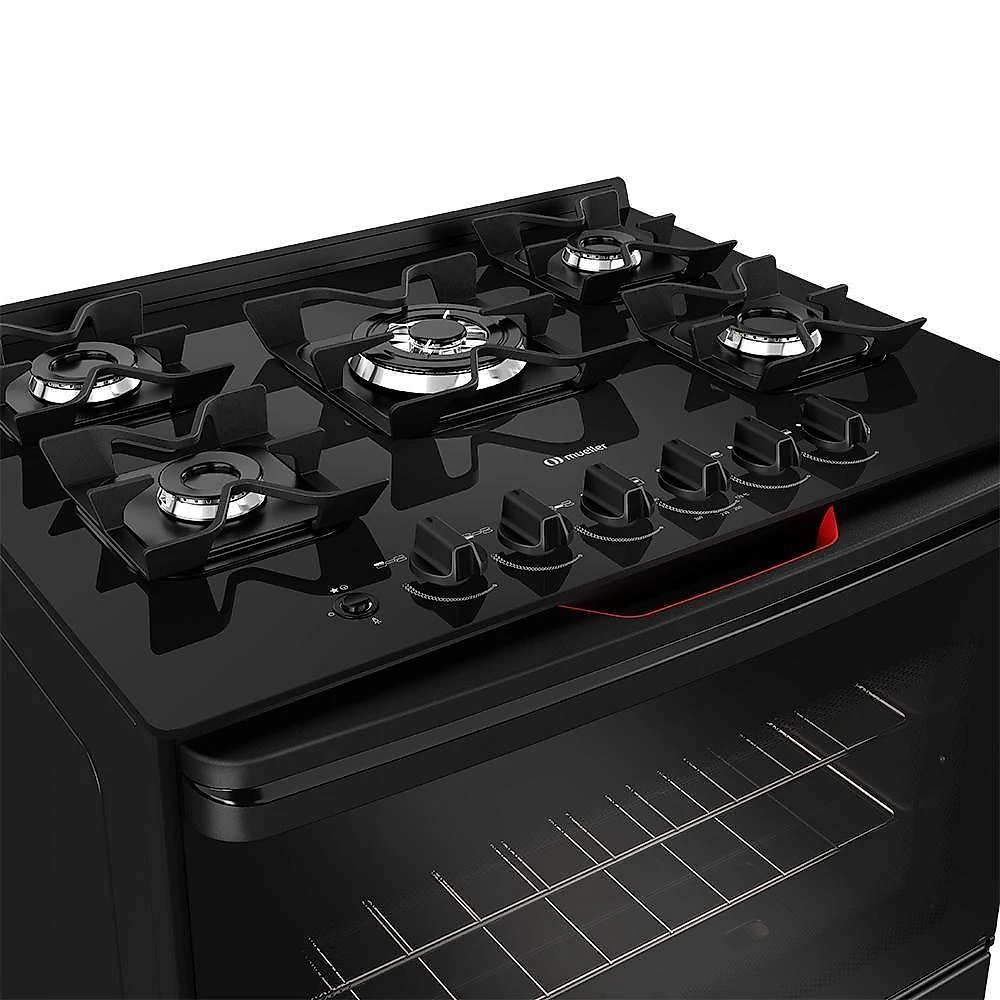 Fogão Mueller 5 Bocas Preto Com Mesa De Vidro E Tripla Chama