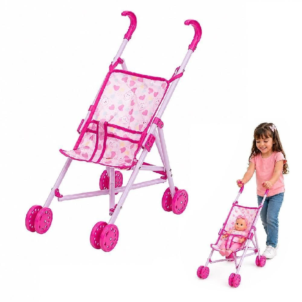 Carrinho de Boneca Dobrável para Passeio com Cadeirinha 4 Rodinhas Rosa Utibom
