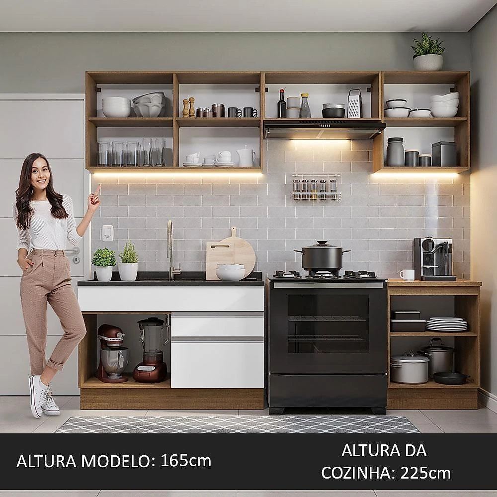 Armário De Cozinha 260Cm Glamy 04 Rustic/Branco