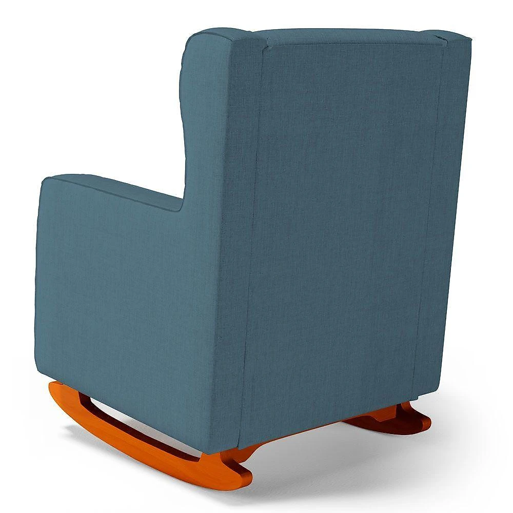 Poltrona Decorativa Zoe com Base Balanço e Puff Linho Denim Conforto Azul Abmaza