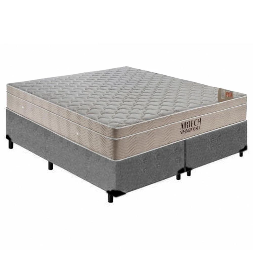 Cama Box com Colchão King Airtech Molas Ensacadas Madeira Cinza Ortobom