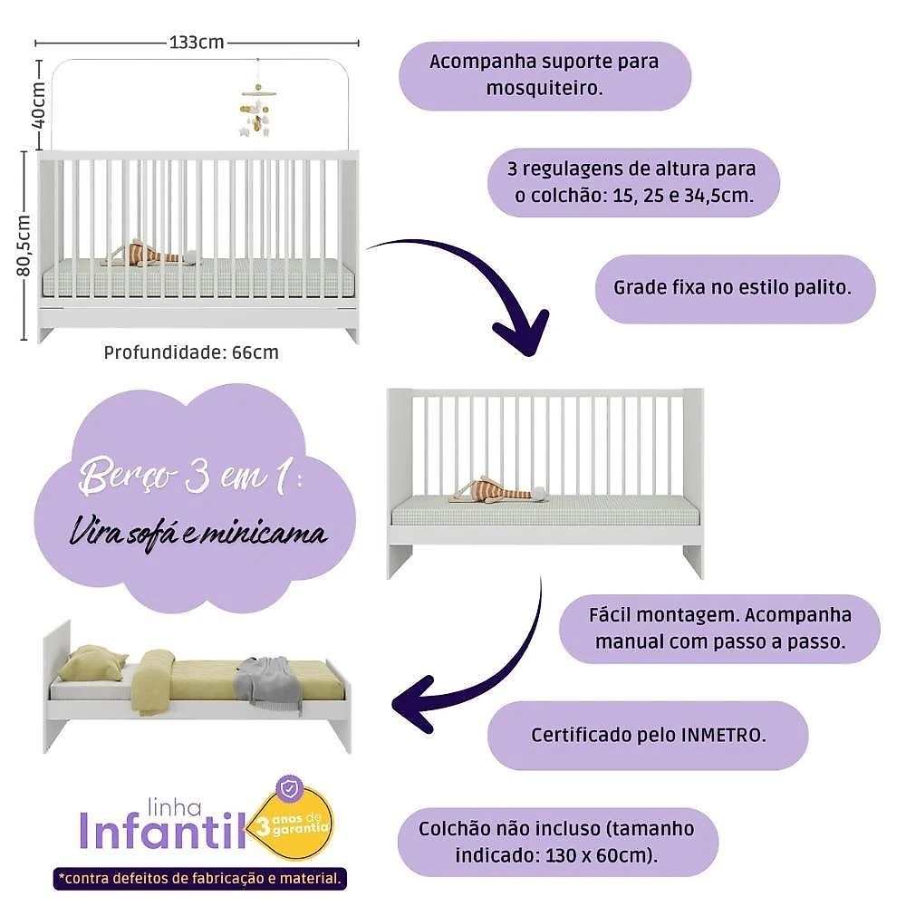 Quarto De Bebê Completo Com Berço 3 Em 1 Para Colchão 130x60cm Serena Multimóveis MP4531 Branco