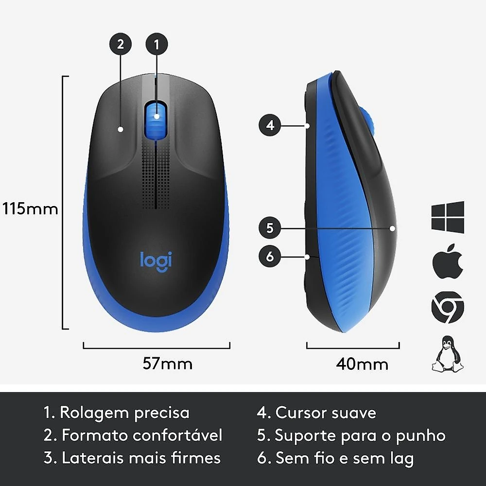 Mouse sem fio Logitech M190 com Design Ambidestro de Tamanho Padrão, Conexão USB e Pilha Inclusa, Azul - 910-005903