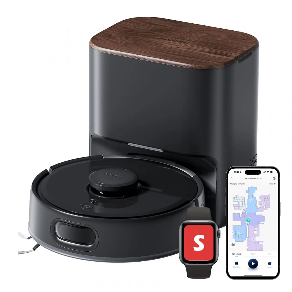 Robô Aspirador SwitchBot K11+ Preto 6000Pa Auto-Esvaziamento 90 Dias com Base Compacta