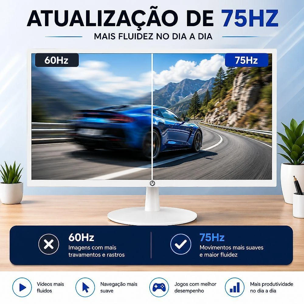 Monitor Widescreen 24" Full HD 75Hz Branco Brazil PC HDMI VGA VESA