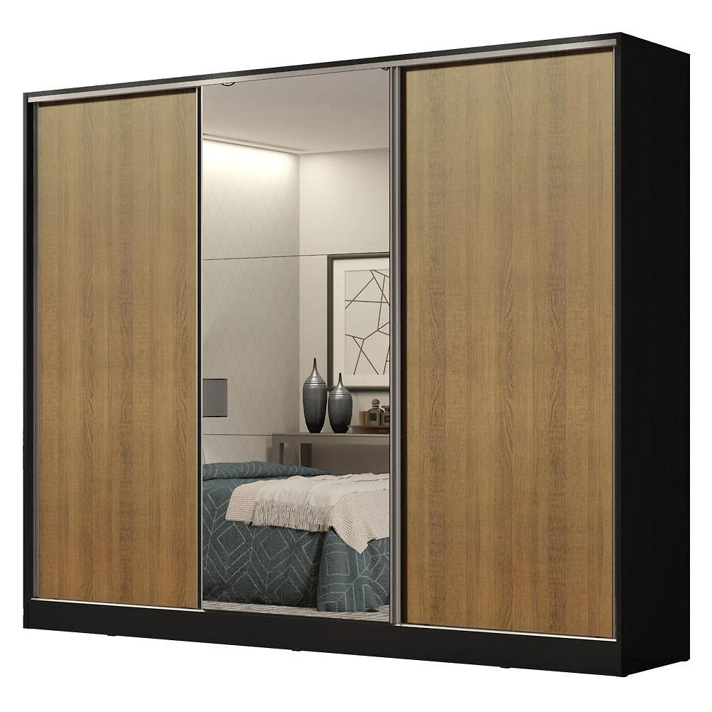 Guarda roupa casal 100% mdf madesa royale 3 portas de correr com espelho - preto/rustic