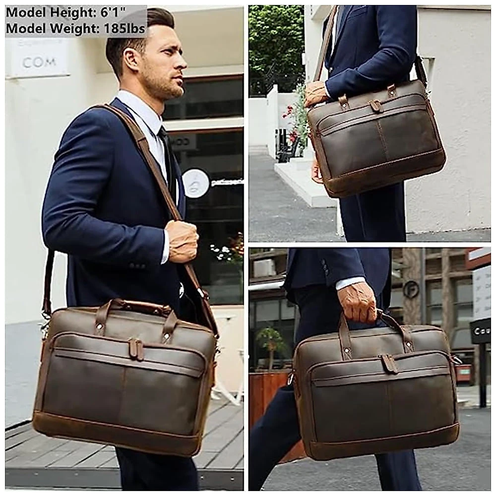Bolsa Carteiro Masculina de Couro Grão Integral para Laptop com 15 Polegadas, Masa Kawa, Marrom Profundo 110v
