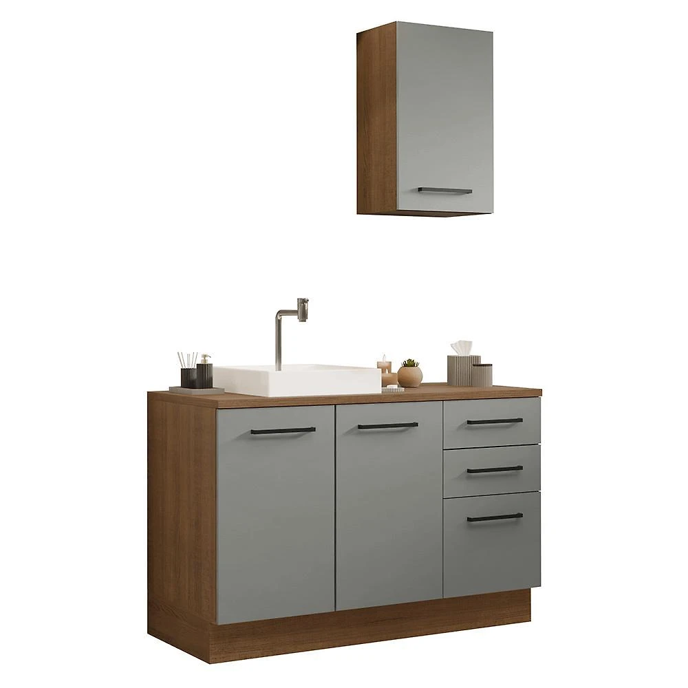 Conjunto gabinete para banheiro 120cm 3 portas 3 gavetas rustic/cinza agata madesa 01