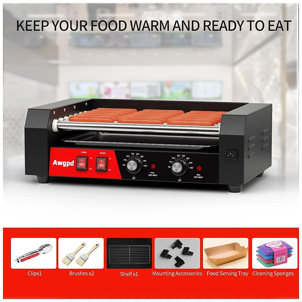 Máquina de Salsicha Hot Dog Awgpd, 12 hot dogs e 5 rolos antiaderentes, com tampa de vidro, bandeja coletora, controle de temperatura duplo 110v