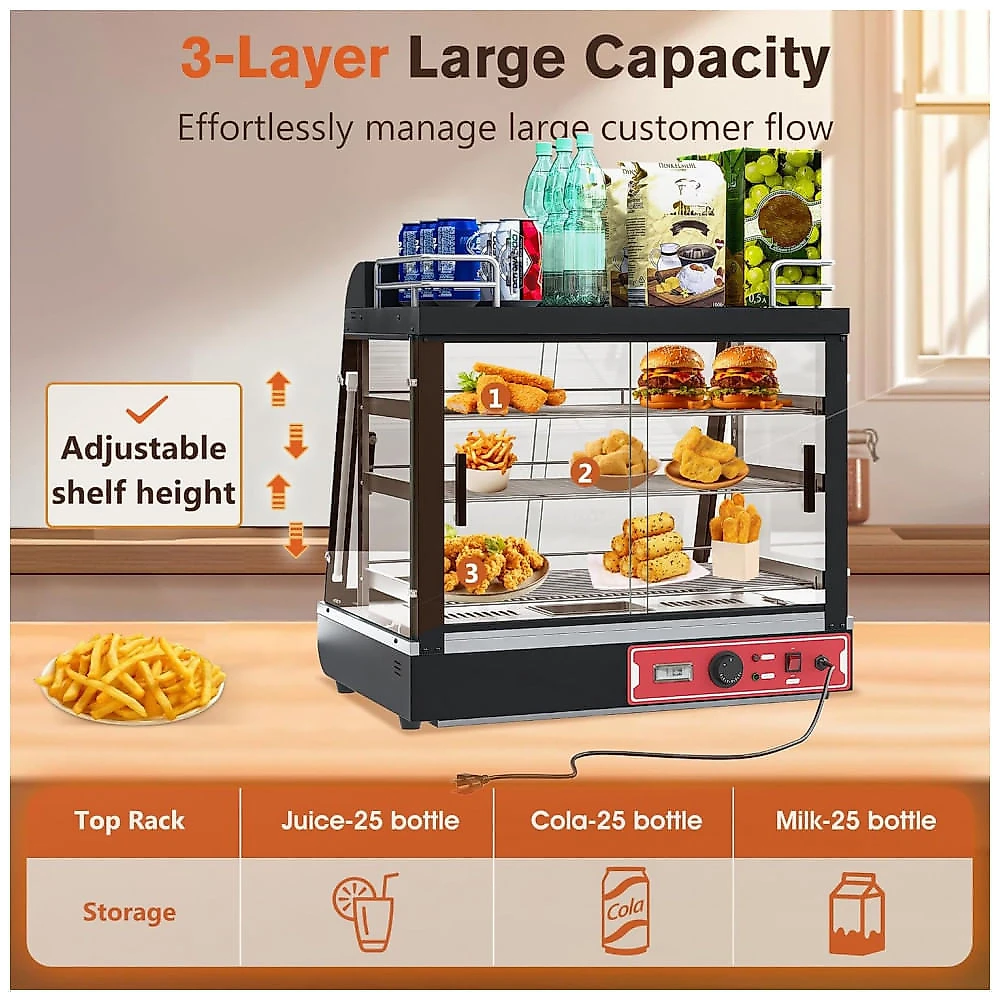 Aquecedor de Alimentos Countertop Whalefall Preto Suporte Superior Iluminação Tri-Cor Termostato Ajustável 69 cm 110V 1200W para Cafeterias