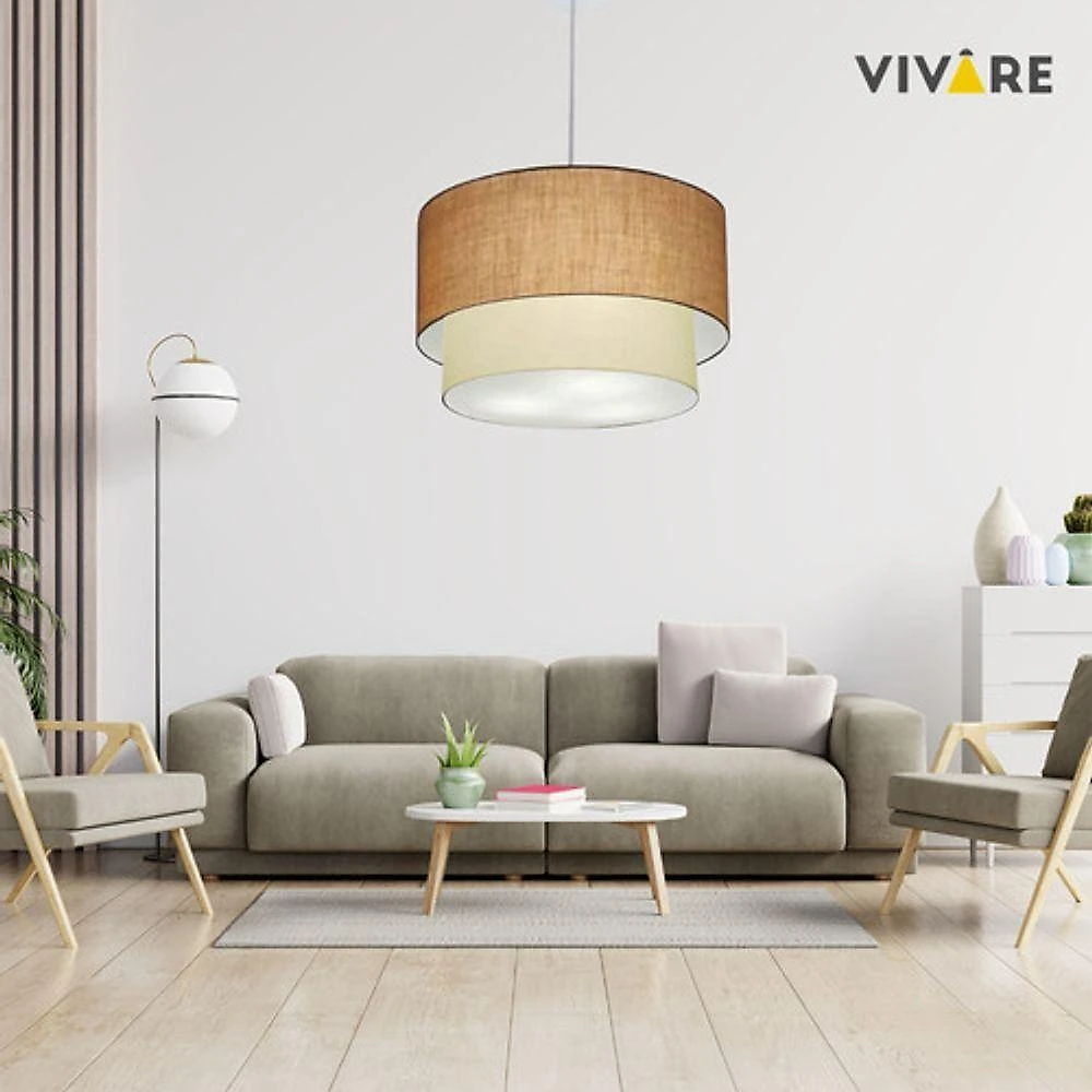 Lustre Pendente Duplo Cilíndrico Vivare Md-4158 Cúpula Em Tecido 40x35cm - Bivolt Palha-bege 127/220v