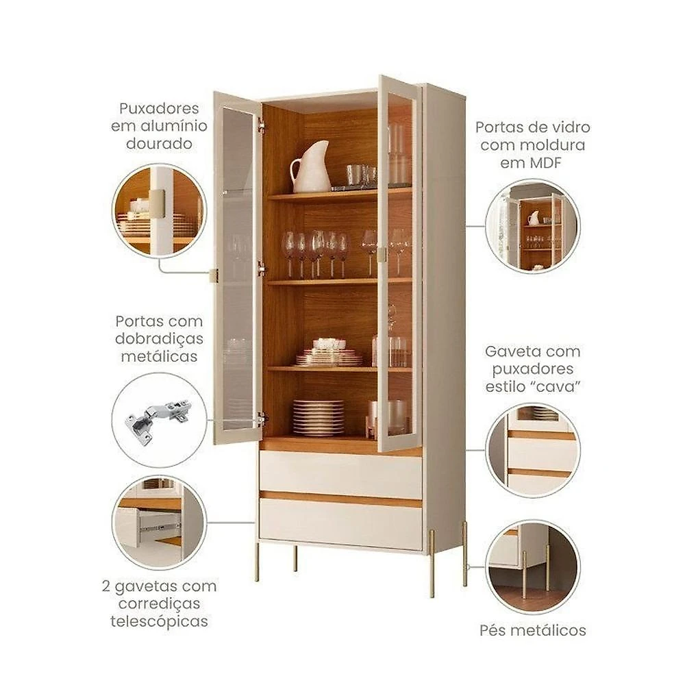 Conjunto Cristaleira Brisa e Buffet Aparador Balcão Cais Bandeja Integrada para Sala de Jantar Cinamomo/Off White