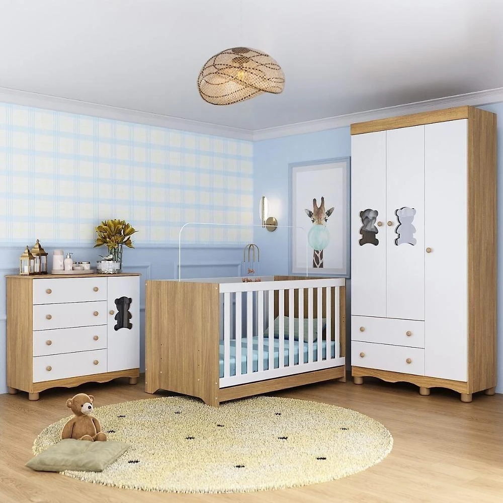 Quarto De Bebê Completo Com Berço Americano 3 Em 1 Ternura Multimóveis MP4655 Madeirado-branco