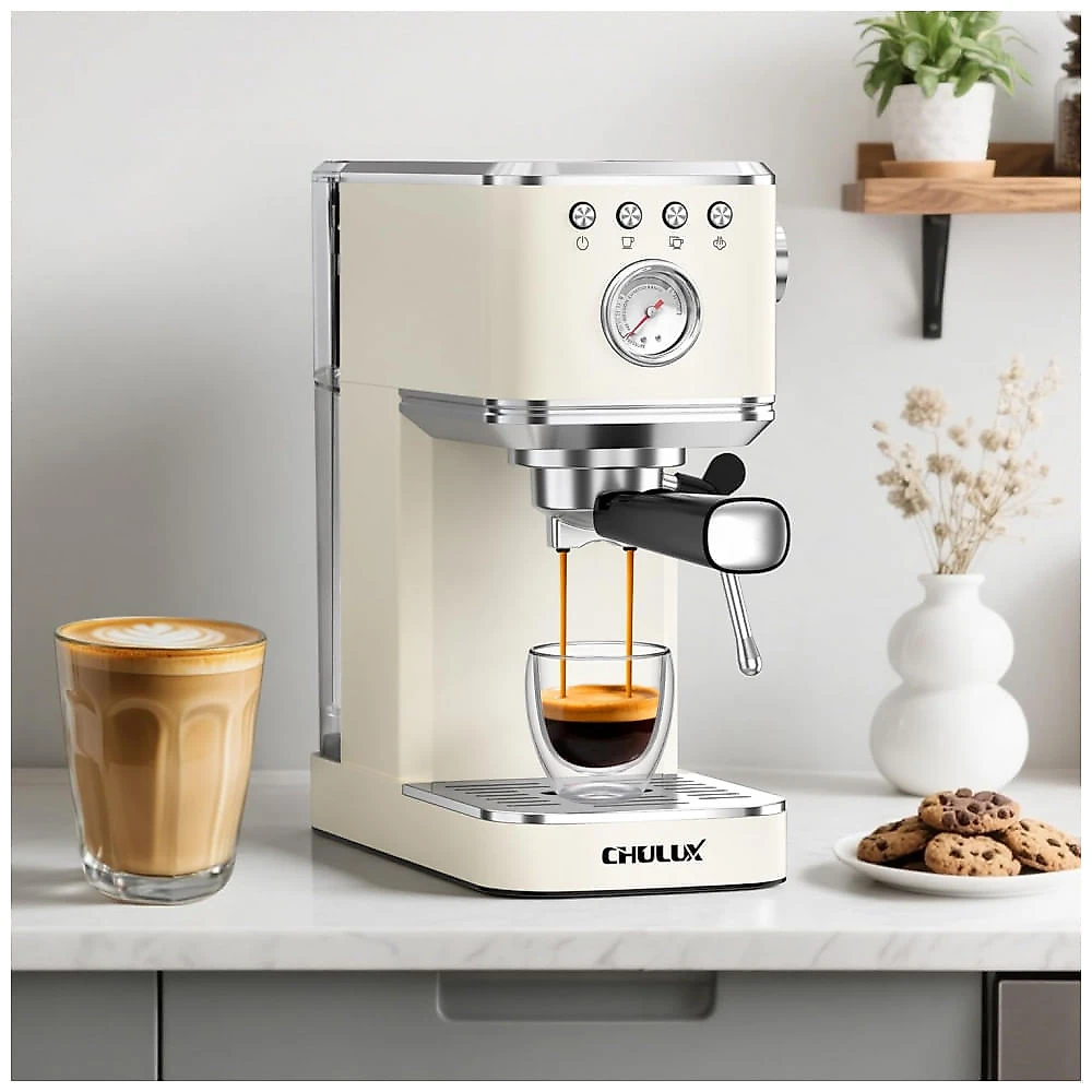 Cafeteira Espresso CHULUX Slim 20 Bar, Vaporizador de Leite, 1,18L, Bomba Italiana, Pré-Infusão, 110V - Creme
