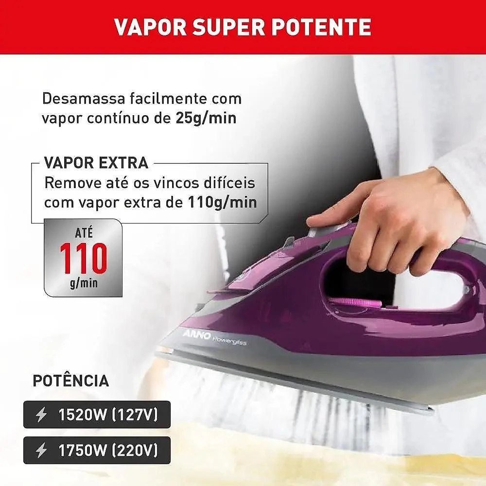 Ferro a Vapor Arno Powergliss FP01 1500W Base Xglide Roxo com Spray 110V