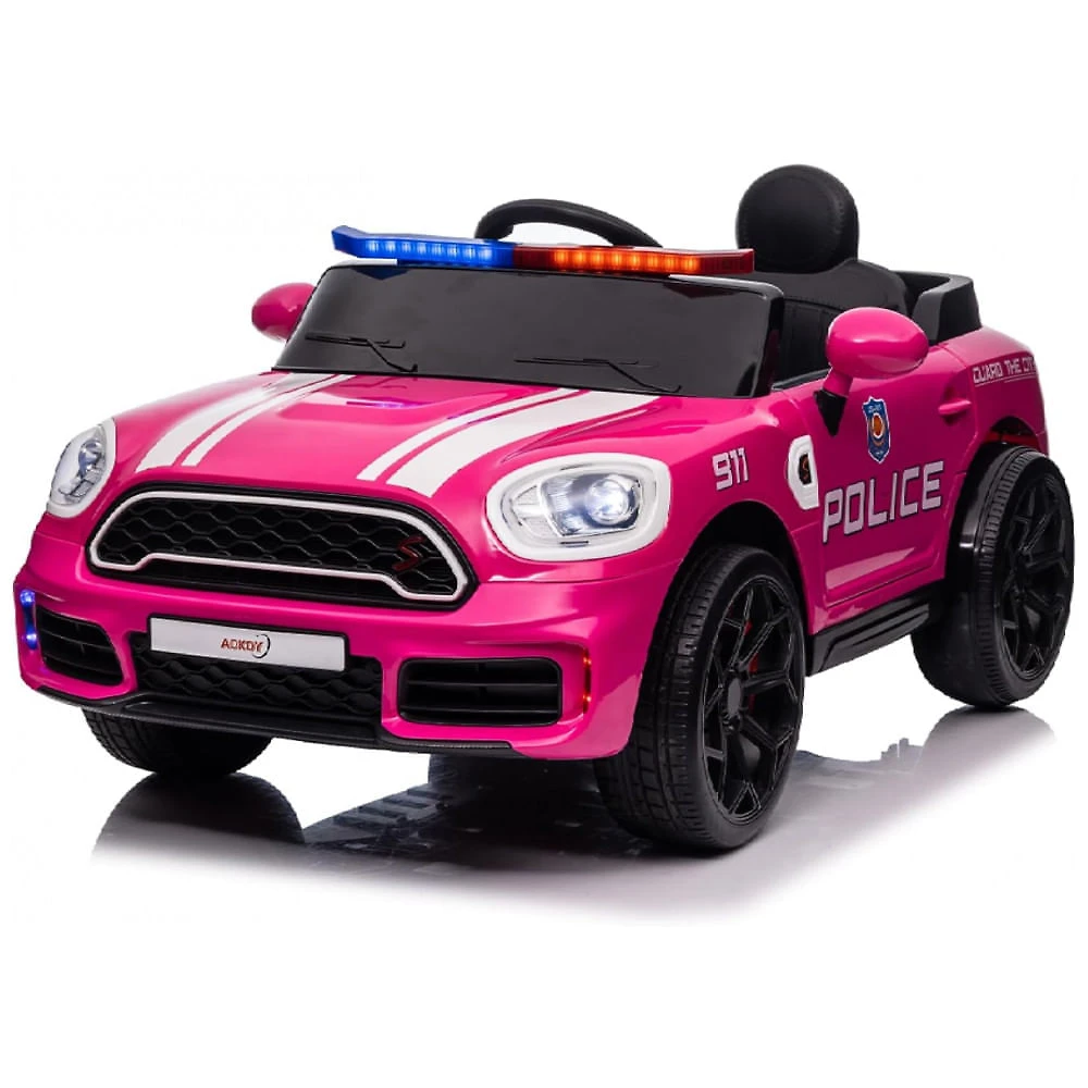 Carro Elétrico Infantil a Bateria Policial com Controle Remoto e Luzes, 12V, LUIBAS, Rosa