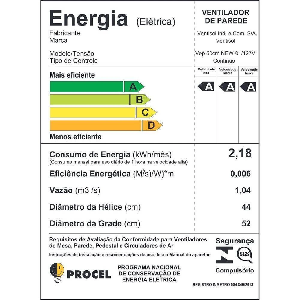 Ventilador de parede ventisol new 50cm preto 127v 14063