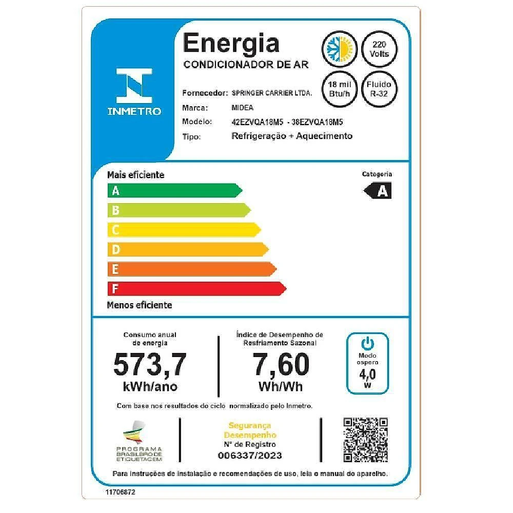 Ar condicionado split inverter midea ai ecomaster 18000 btus quente e frio 220v 38ezvqa18m5