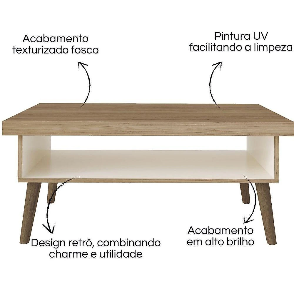 Mesa de Centro Lucca Retangular MDP 91cm Off White Carvalho com Nicho Funcional Artely