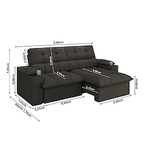 Sofá 4 Lugares Luizzi Liverpool Slim com Assento Retrátil e Reclinável, Revestido em Suede - 240cm de Largura Marrom