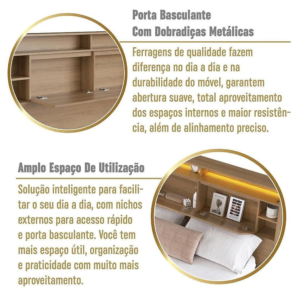 Cama de Casal e Queen Suspensa com Iluminação LED e Organizador na Cabeceira Cancun Mel