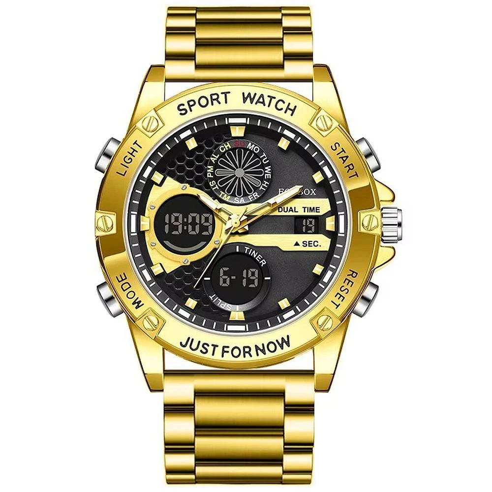 Relógio Digital Esportivo Em Aço Inoxidavel Display Duplo á Prova D´agua Dourado