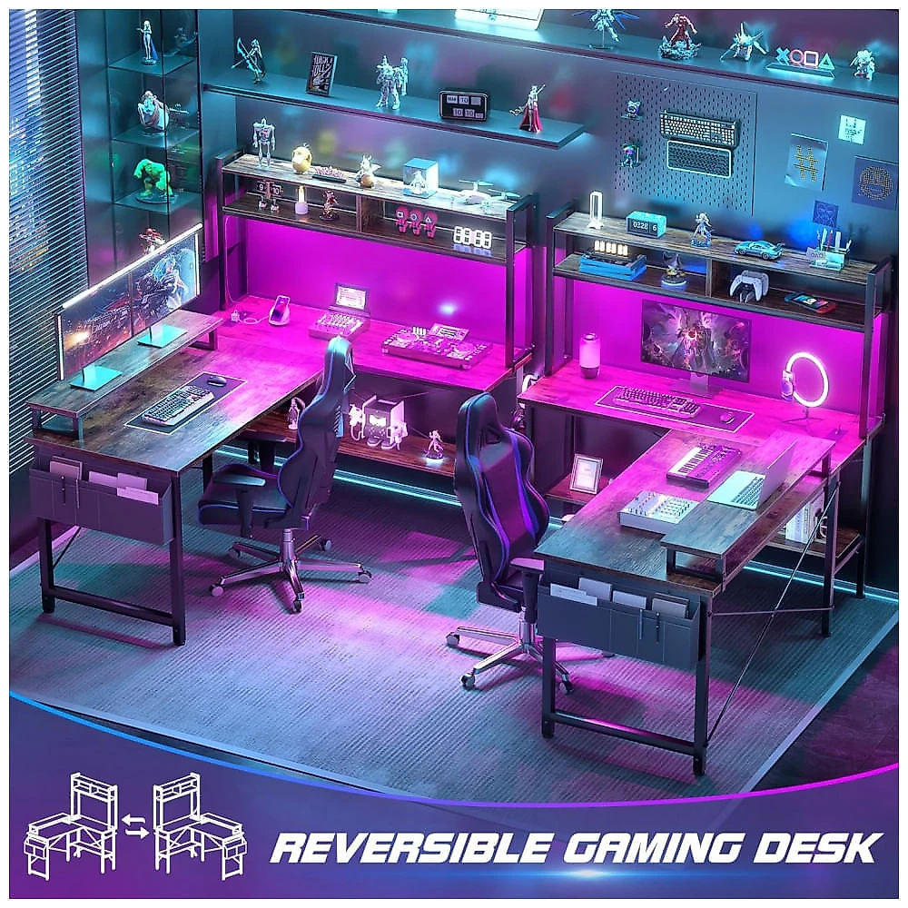 Mesa Gamer em L Aheaplus Marrom Rústico com Tomadas Elétricas LED Reversível Prateleiras Armazenamento 124 x 48 x 150 cm.