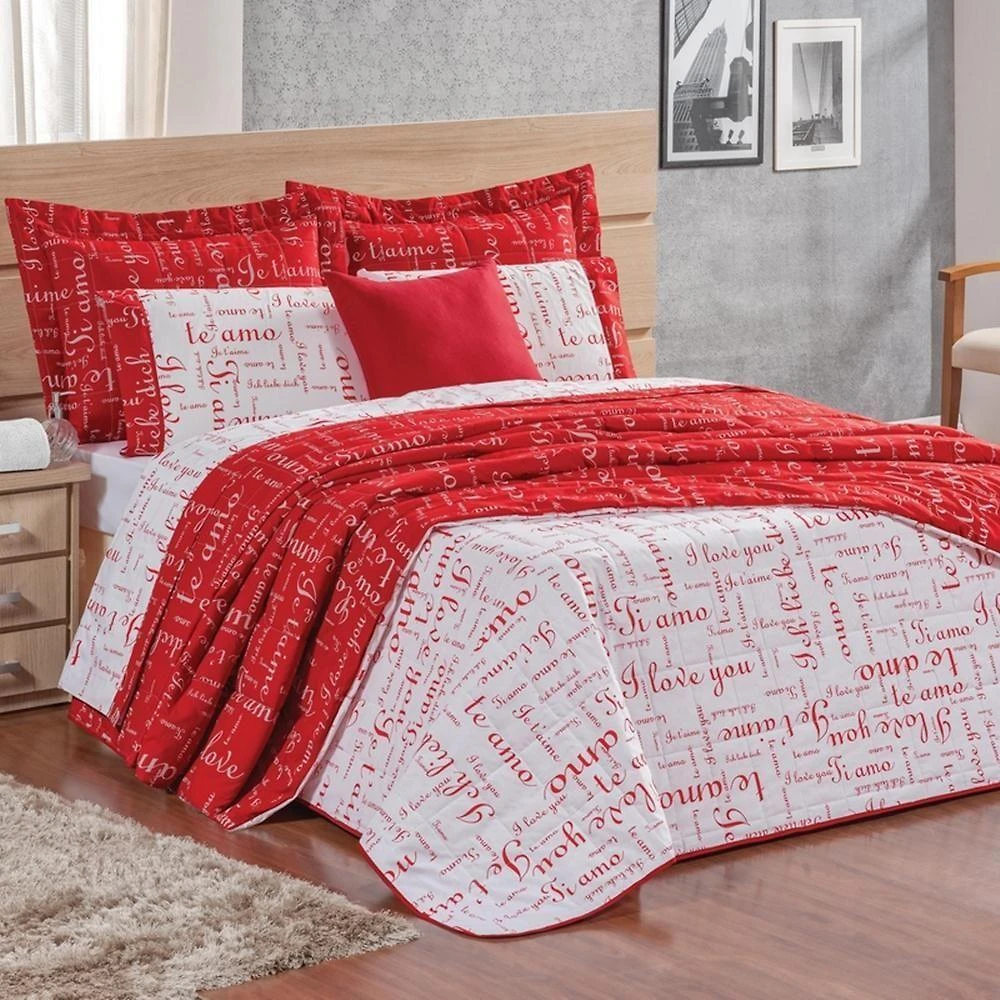 Cobre Leito Queen Te Amo Dupla Face 150 Fios Algodão 3 Peças - Vermelho-branco