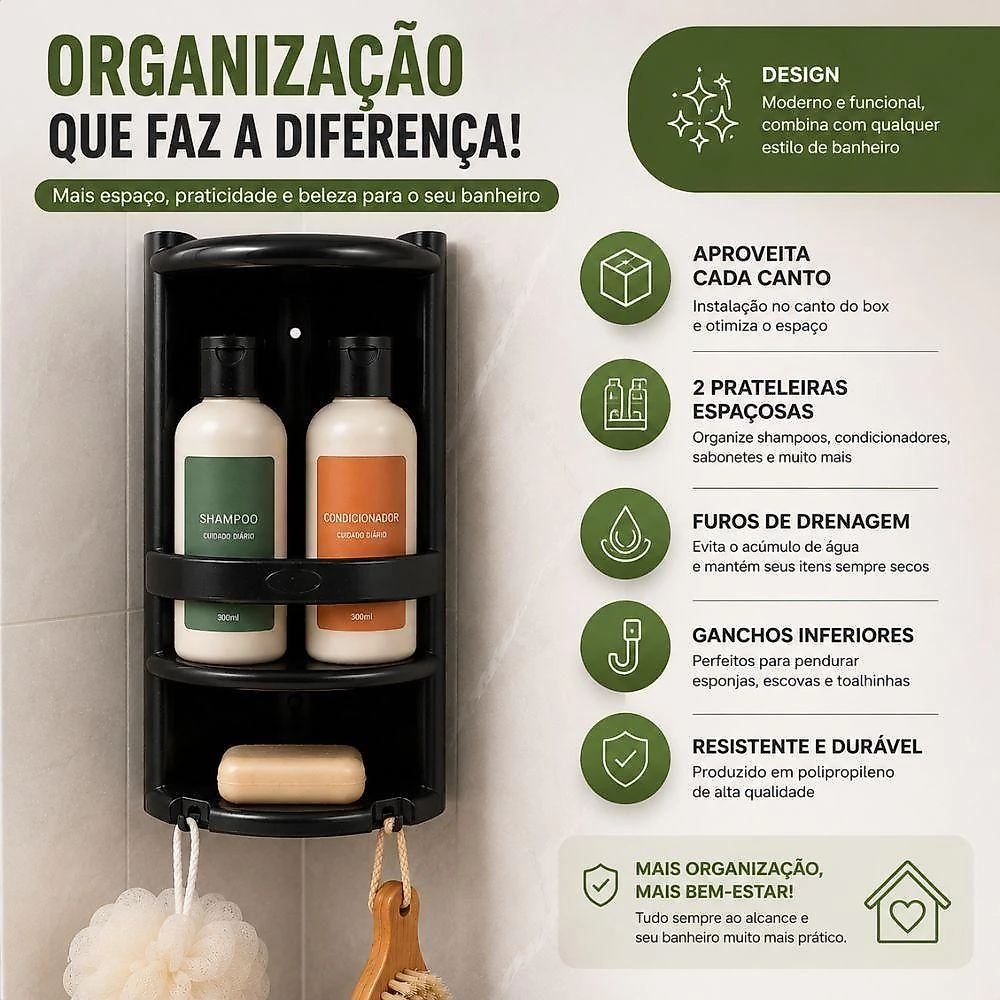 Organizador de Banheiro Porta Shampoo Dupla Polipropileno Multiuso para Box com 2 Prateleiras Yeet webcontinental-7896779623778