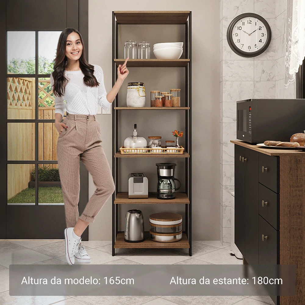 Armário Estante Multiuso Organizador 5 Prateleiras 59cm Rustic/Preto Madesa Cor:Rustic/Preto