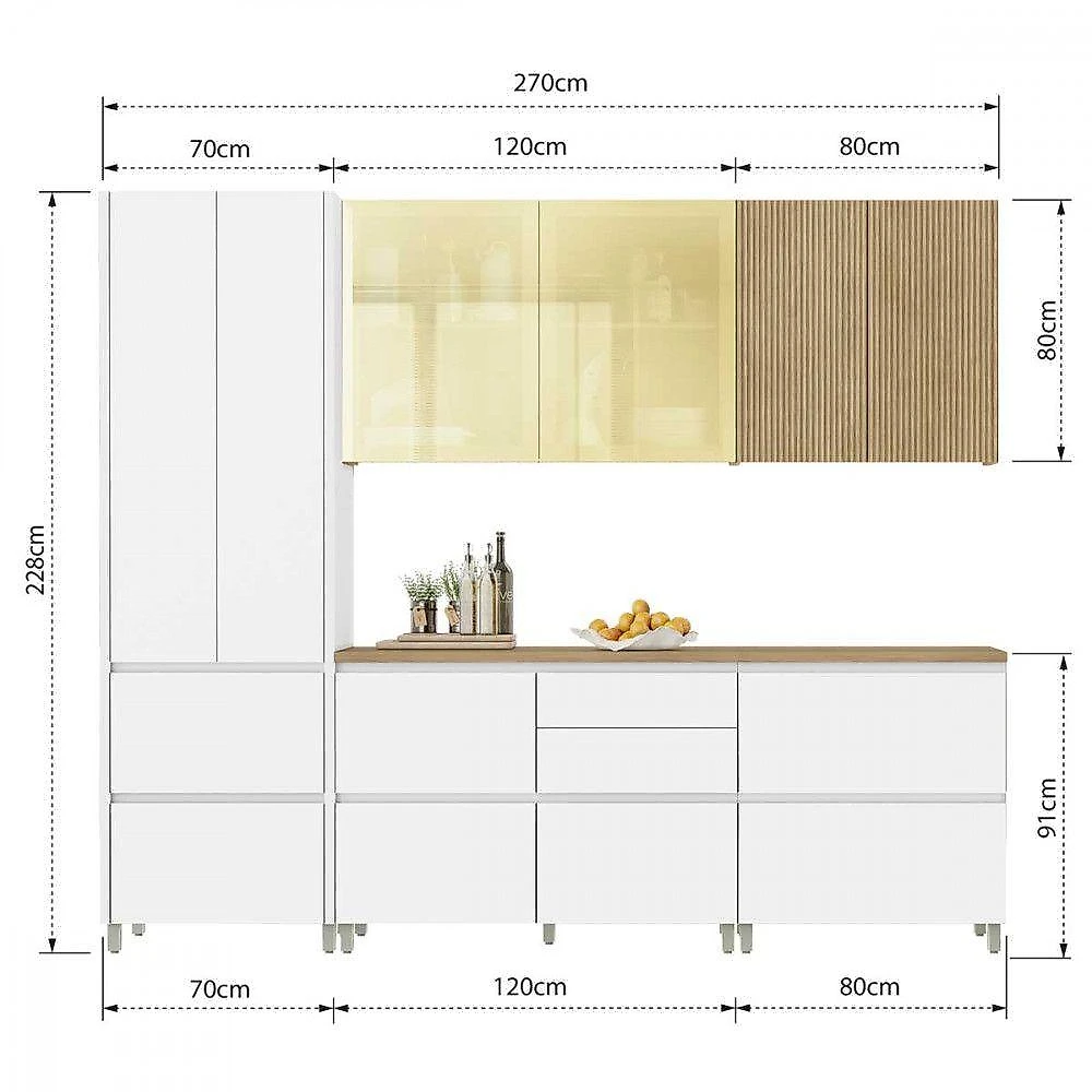 Cozinha 5 Peças Rainha 2 Portas 7 Gavetas MDF Branco com Nature Nesher Móveis