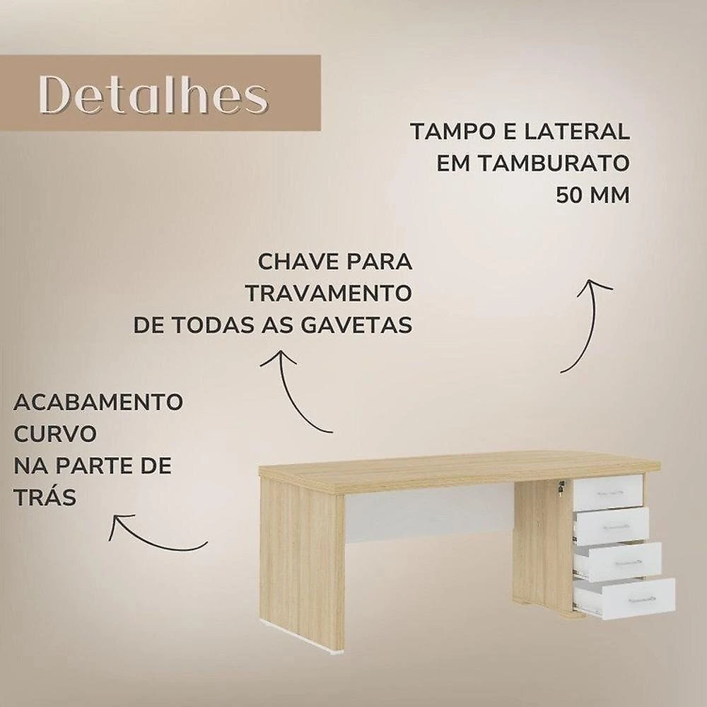 Conjunto Mesa Escritório Tamburato com Gavetas Lado Direito e Mesa de Apoio Carvalho / Branco