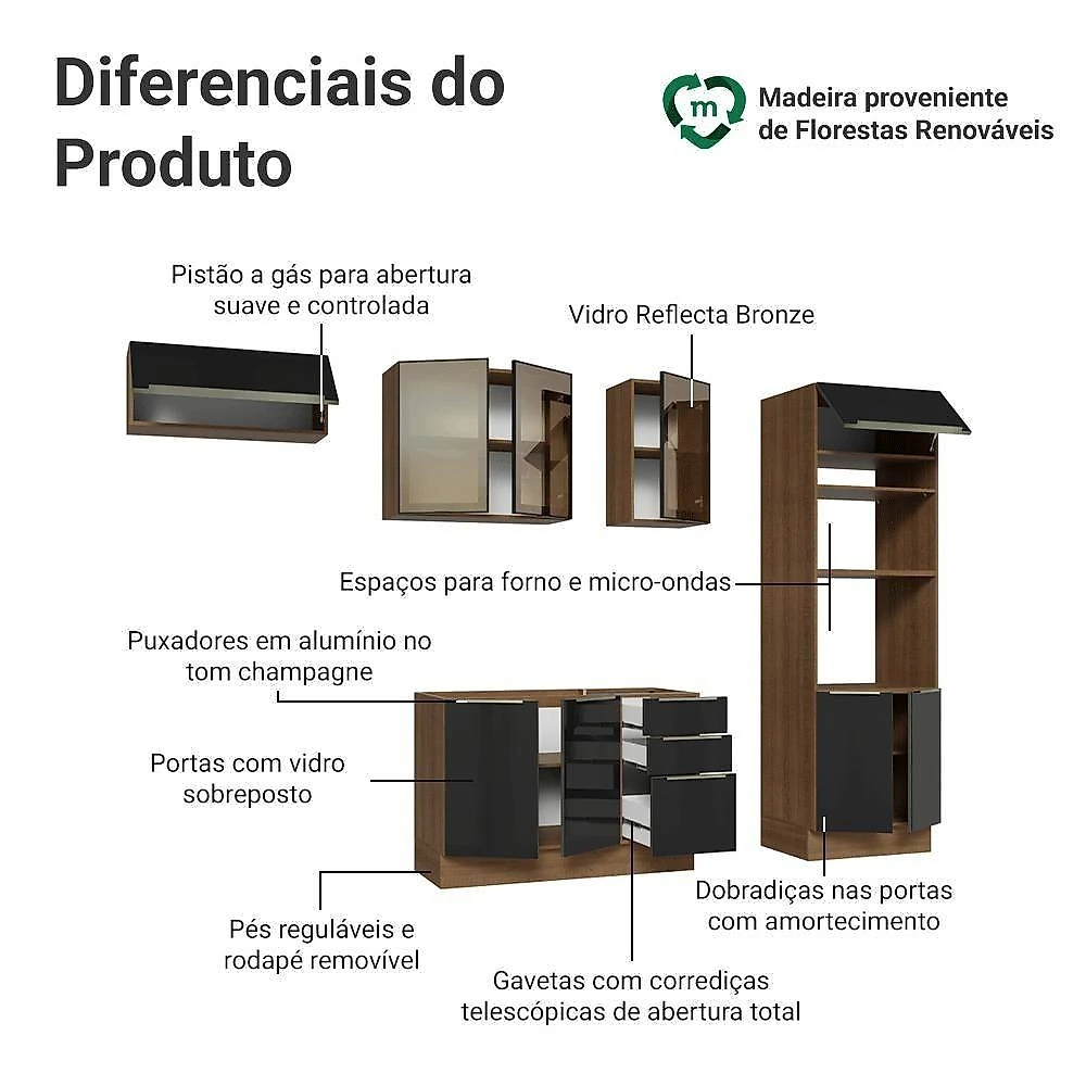 Cozinha Completa Lux 9 Portas 3 Gavetas MDP 270CM Madesa
