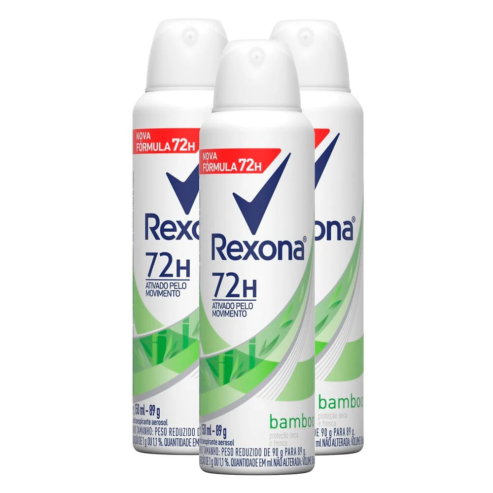 Desodorante Antitranspirante Aerosol Feminino Rexona Bamboo 72 horas 150ml | Kit com três unidades