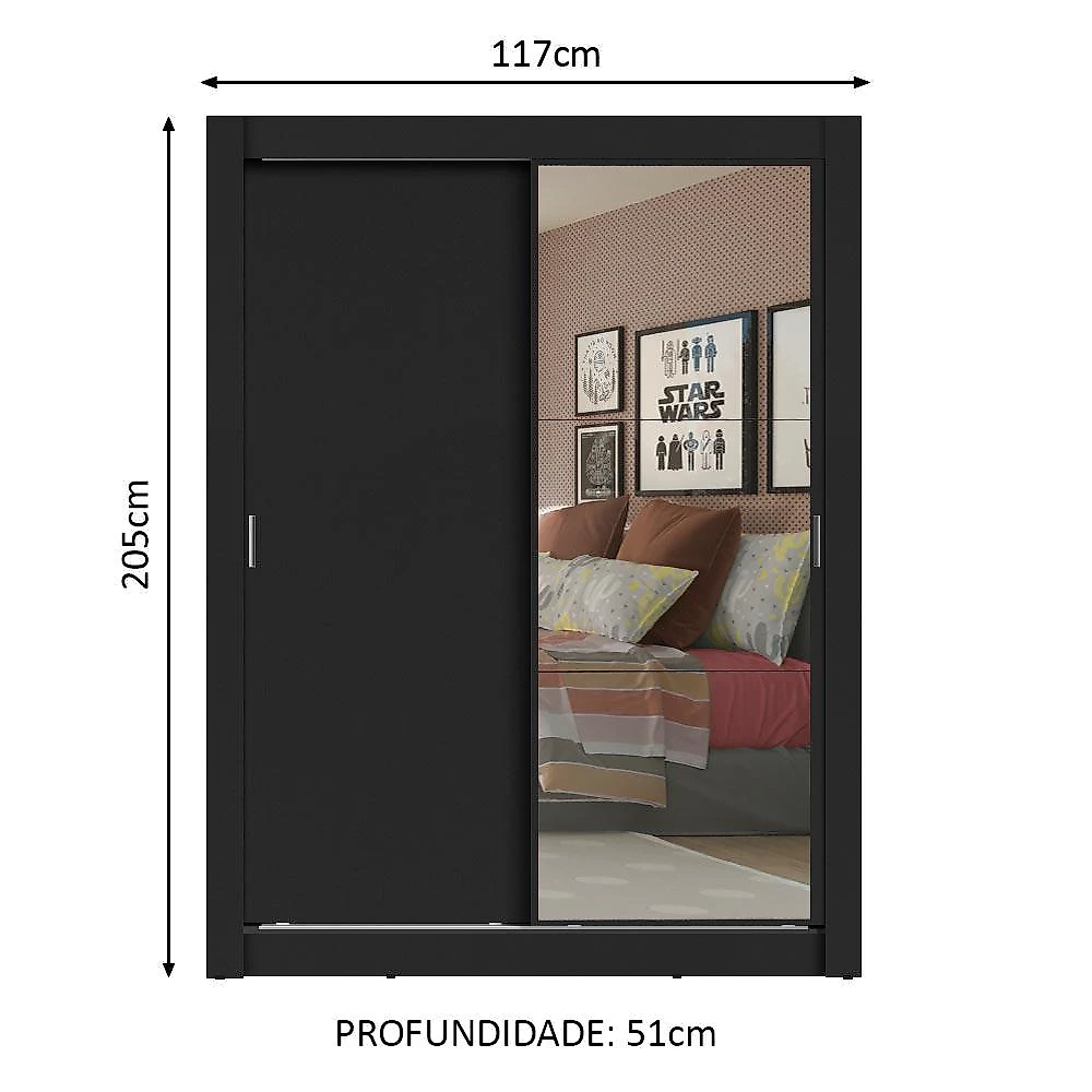 Miniatura Guarda-Roupa Solteiro Madesa Denver 2 Portas de Correr com Espelho - Preto Preto