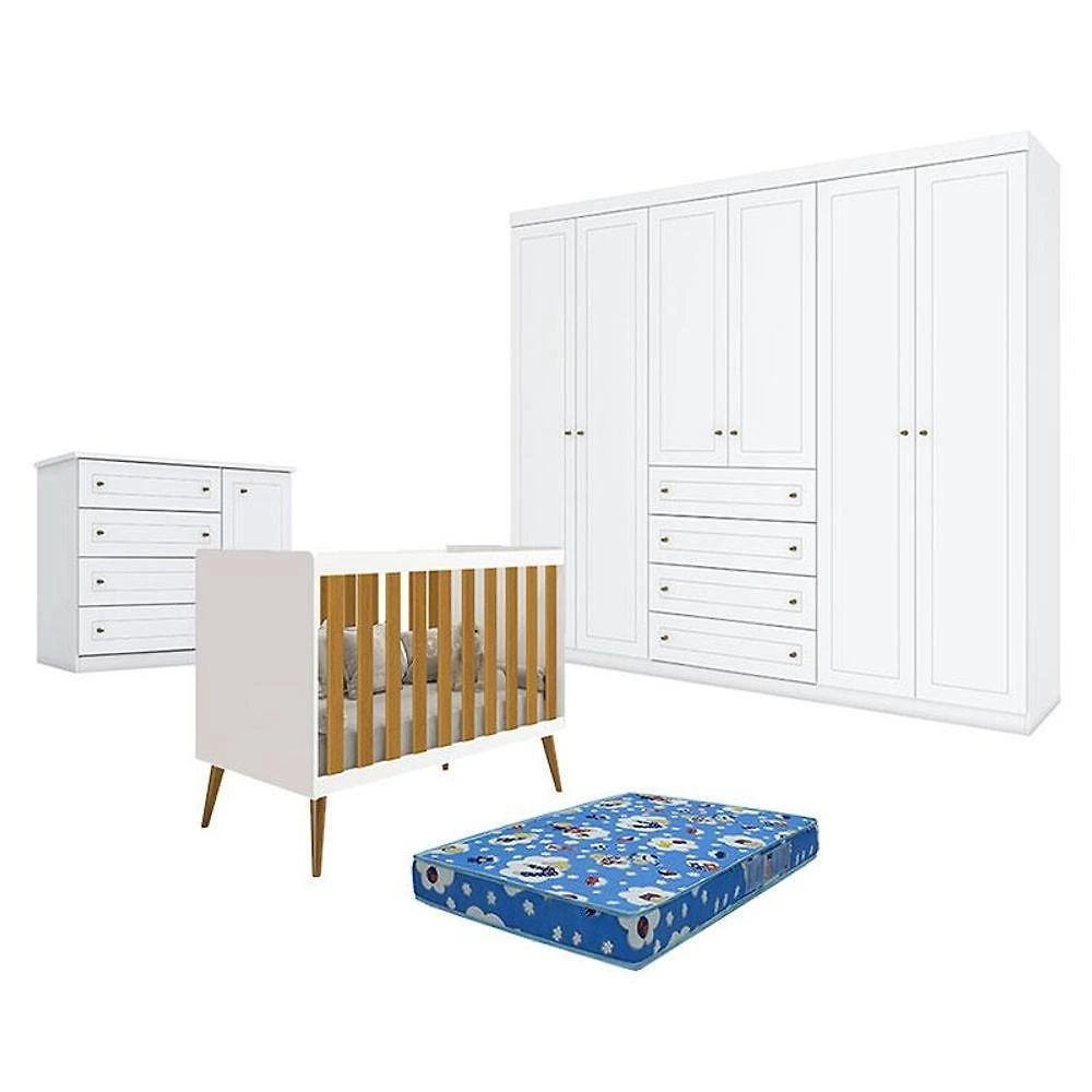 Quarto De Bebê Americano 6 Portas Com Berço Americano Katatau Branco Acetinado Savana - Reller - Henn E Colchão Ortobom