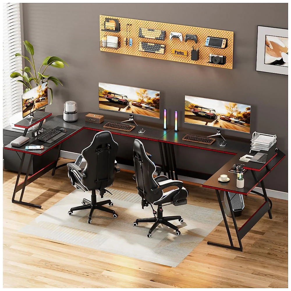 Mesa Gamer em L Homall Preto 128 cm com Suporte para Monitor Removível e Gaveta, Acabamento Carbono Fibra Polido, Estrutura em Z Soldada