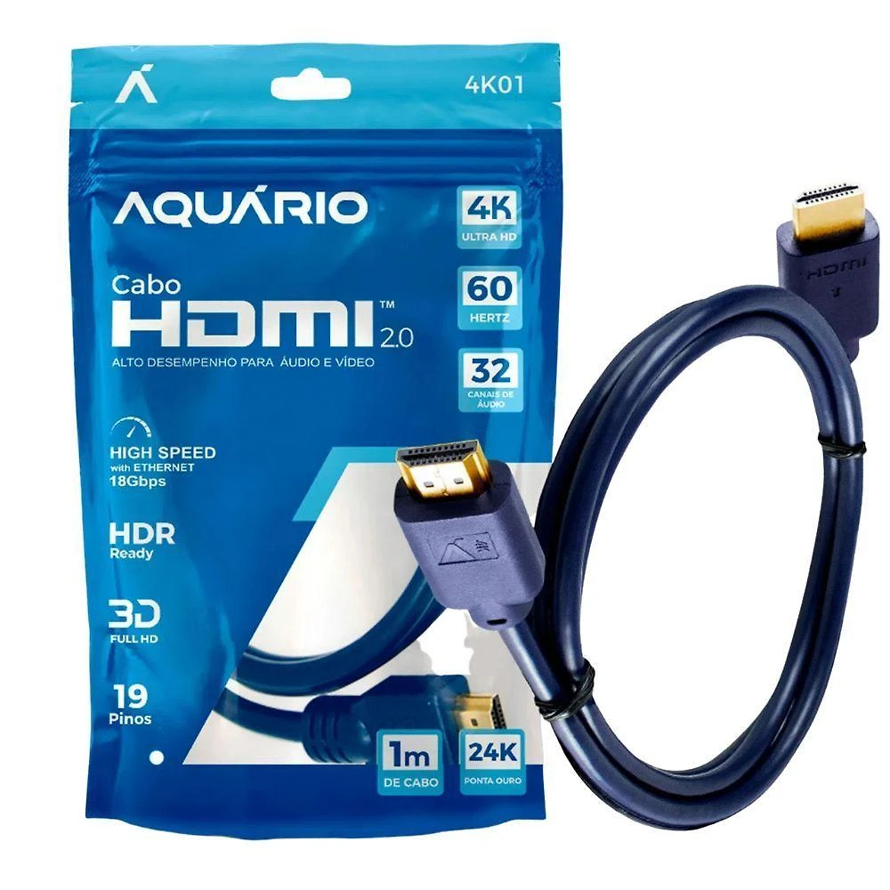 Cabo Hdmi Aquário 4K01 2.0 1M para Áudio e Vídeo em 4K 60Hz com Arc e Alta Blindagem