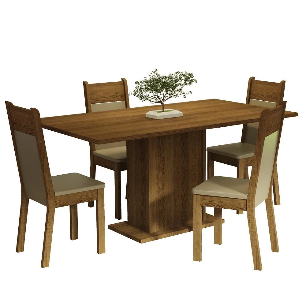 Conjunto sala de jantar mesa tampo de madeira 4 cadeiras rustic/crema/bege elisa madesa