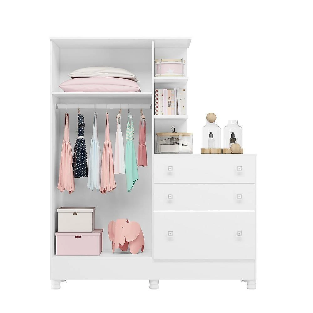 Conjunto Infantil Aurora Branco-branco: Berço Aurora + Rodízios + Guarda-roupa Com Cômoda Aurora