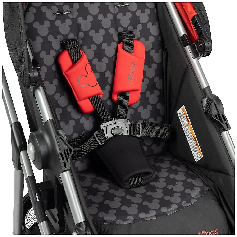 Carrinho de Bebê Travel System Modular com Dossel Extra Grande de 3 Painéis com Janela Escondida, Disney Mickey, Preto e Vermelho
