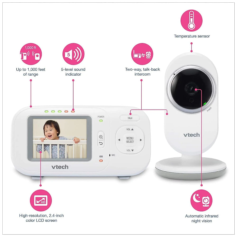 Babá Eletrônica com Monitor com Vídeo Digital, Cores Vivas e Visão Noturna Automática, VM320 VTECH, Branco 110v