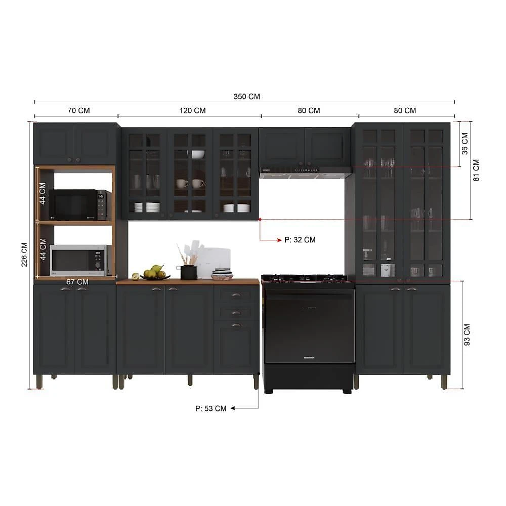 Cozinha Completa Modulada Nara 16 Portas 2 Gavetas MDF 350CM Chumbo Fidelita Móveis
