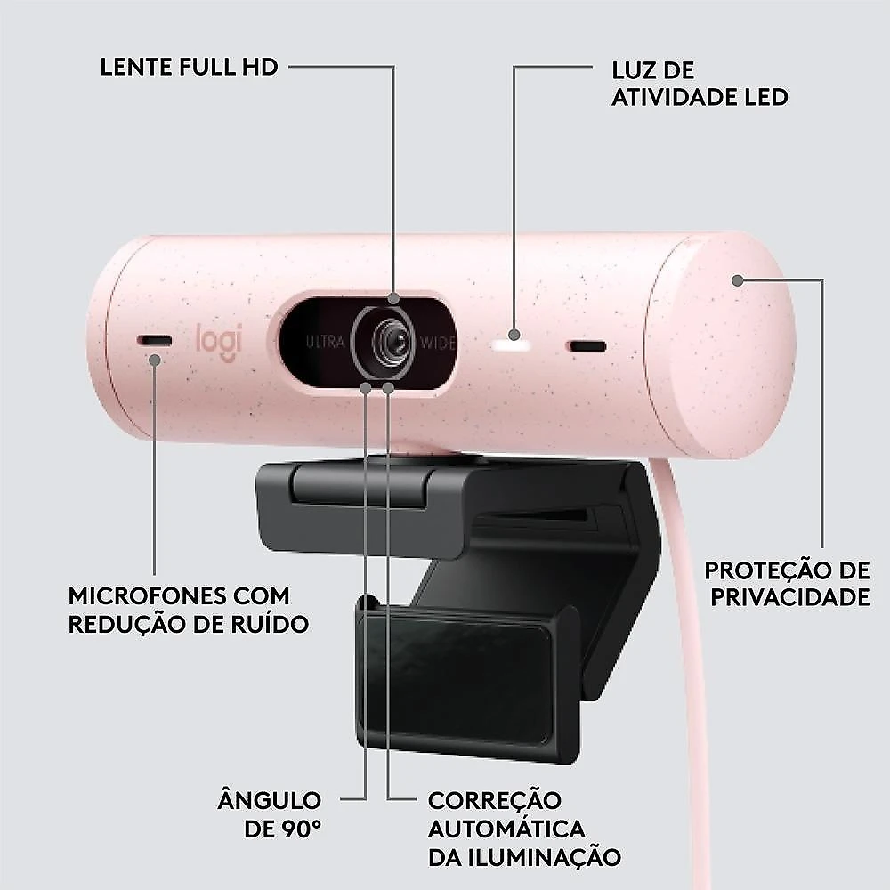 Webcam + Suporte Logitech Brio 500 Full HD, 1080p, 30 FPS, com Microfones Duplos, USB, Suporte Incluso, Rosa - 960-001418