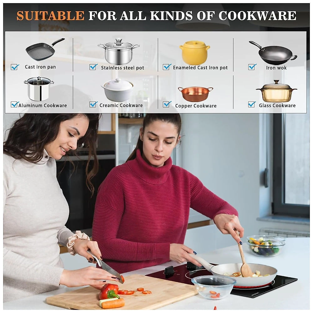 Cooktop Elétrico 2 Bocas 30,48 cm Portátil 110V Plug and Play, Cooktop Cerâmica Embutido, Controle Botão, 9 Níveis Potência e Proteção,Jessier