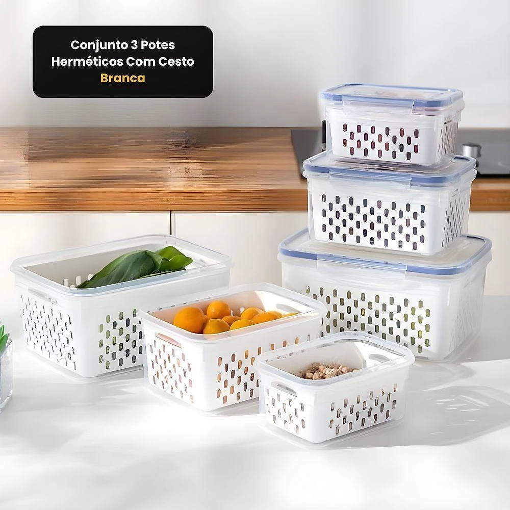 Conjunto de Potes Herméticos com Cesto Plástico Resistente Design Empilhável Cozinha Transparente