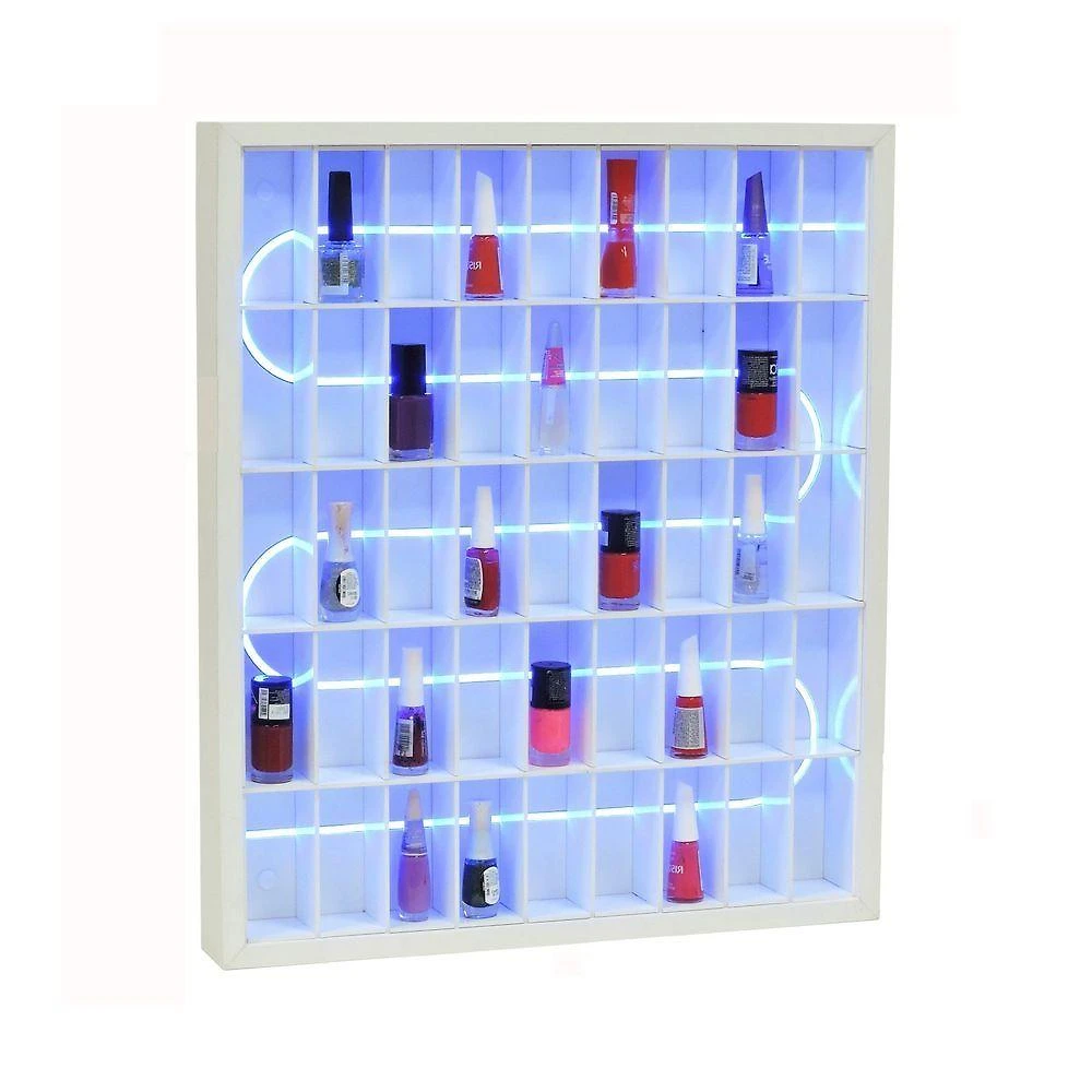 Prateleira para Esmaltes Roma Retangular MDF Fixação Parafuso LED Neon Azul Organizador Branco